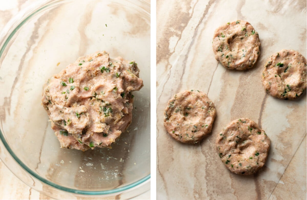 ground chicken burgers mixture in a prep bowl and four patties on wax paper