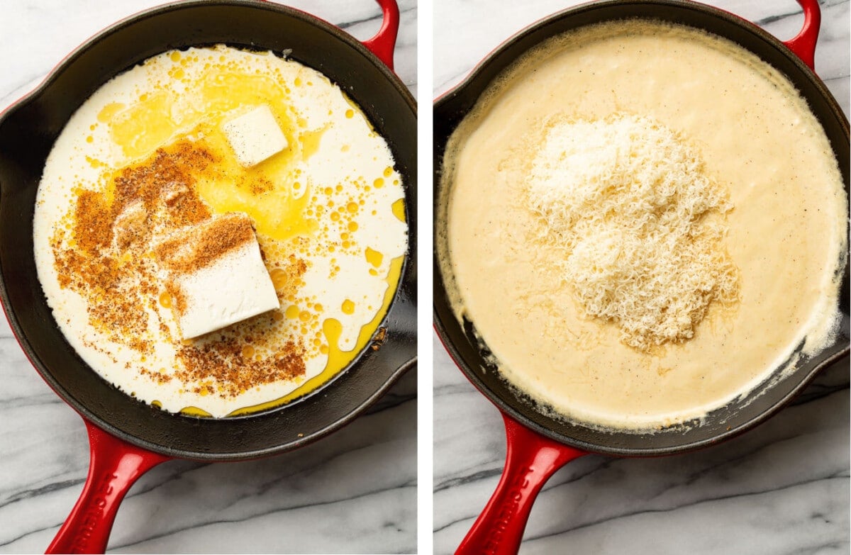 making alfredo sauce in a skillet