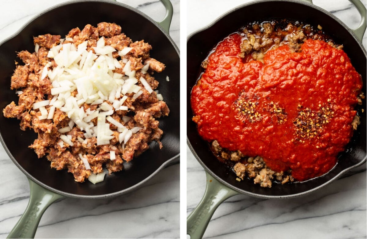 cooking sausage and onions in a skillet and adding marinara sauce