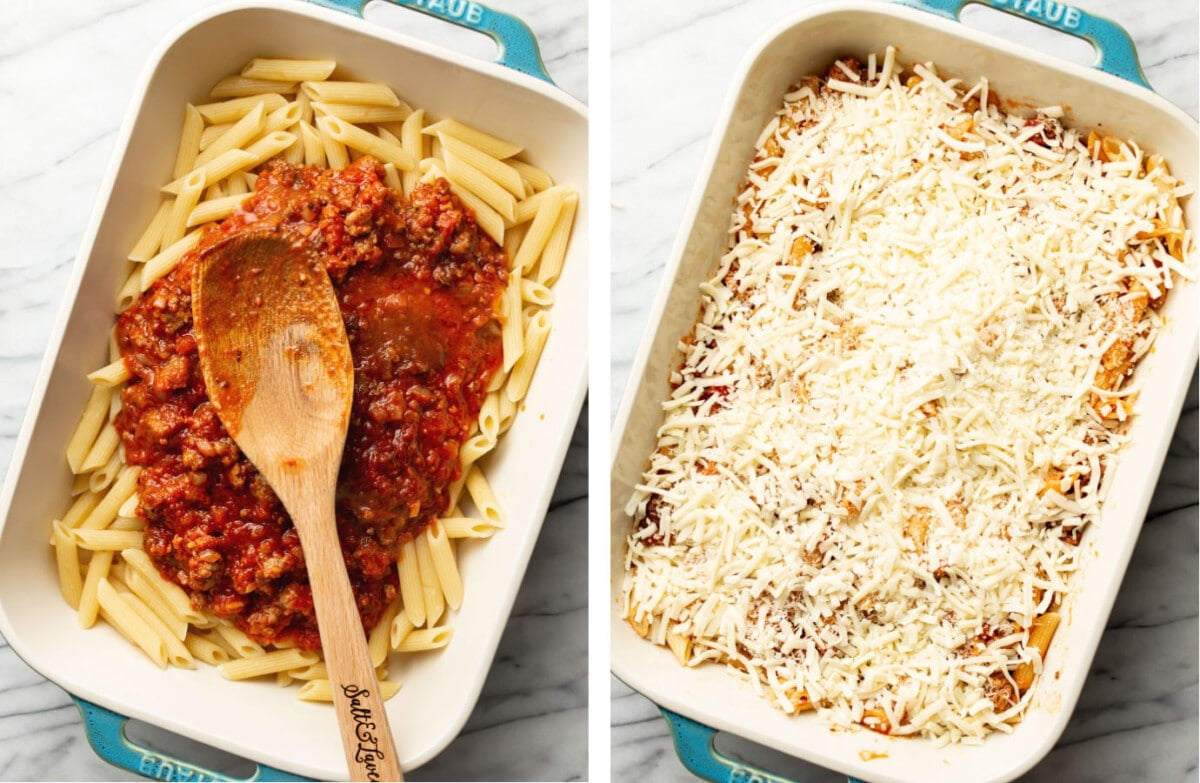 spooning sauce and meat mixture into a baking dish and topping with cheese for sausage penne bake