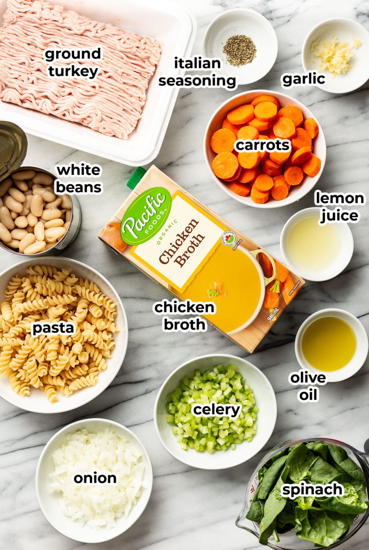 ingredients for ground turkey soup in prep bowls