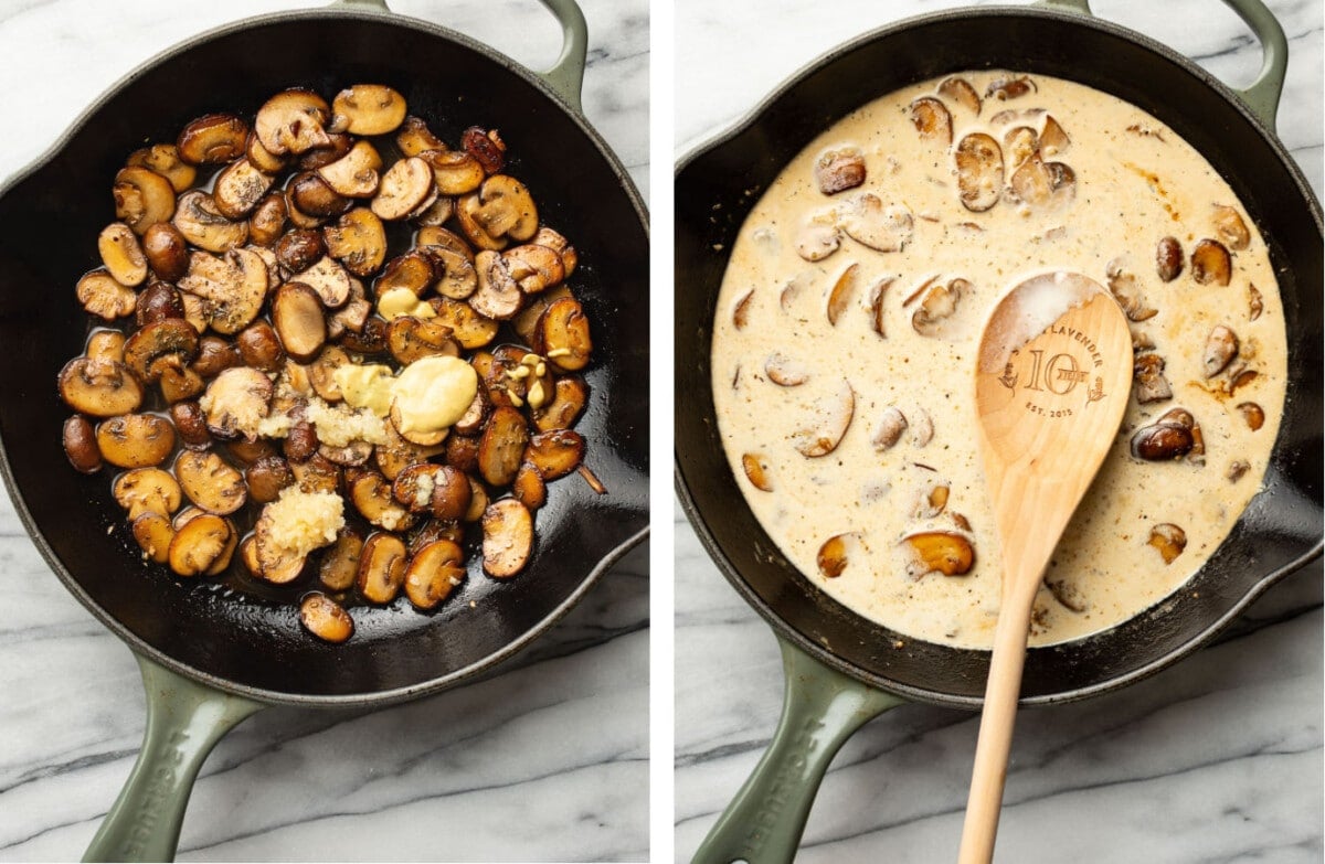 adding ingredients to a skillet to make creamy mushroom sauce and stirring with a wooden spoon