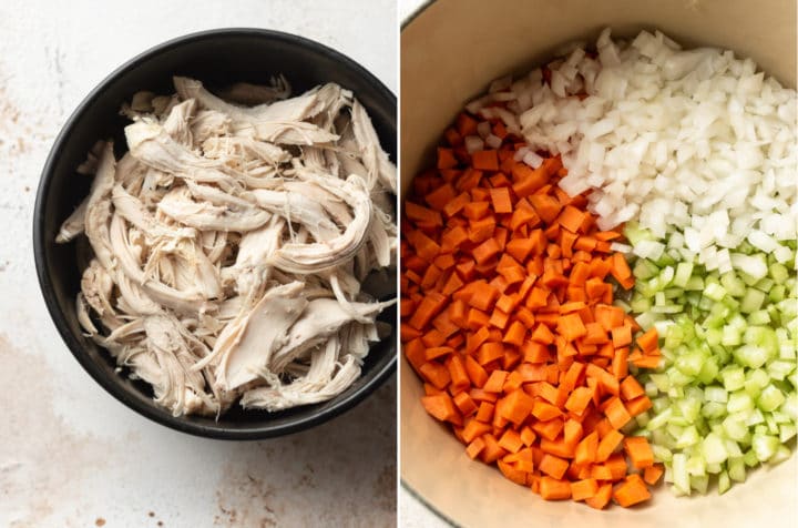 lemon chicken white bean soup collage (cooked chicken in a bowl and mirepoix in a soup pot)