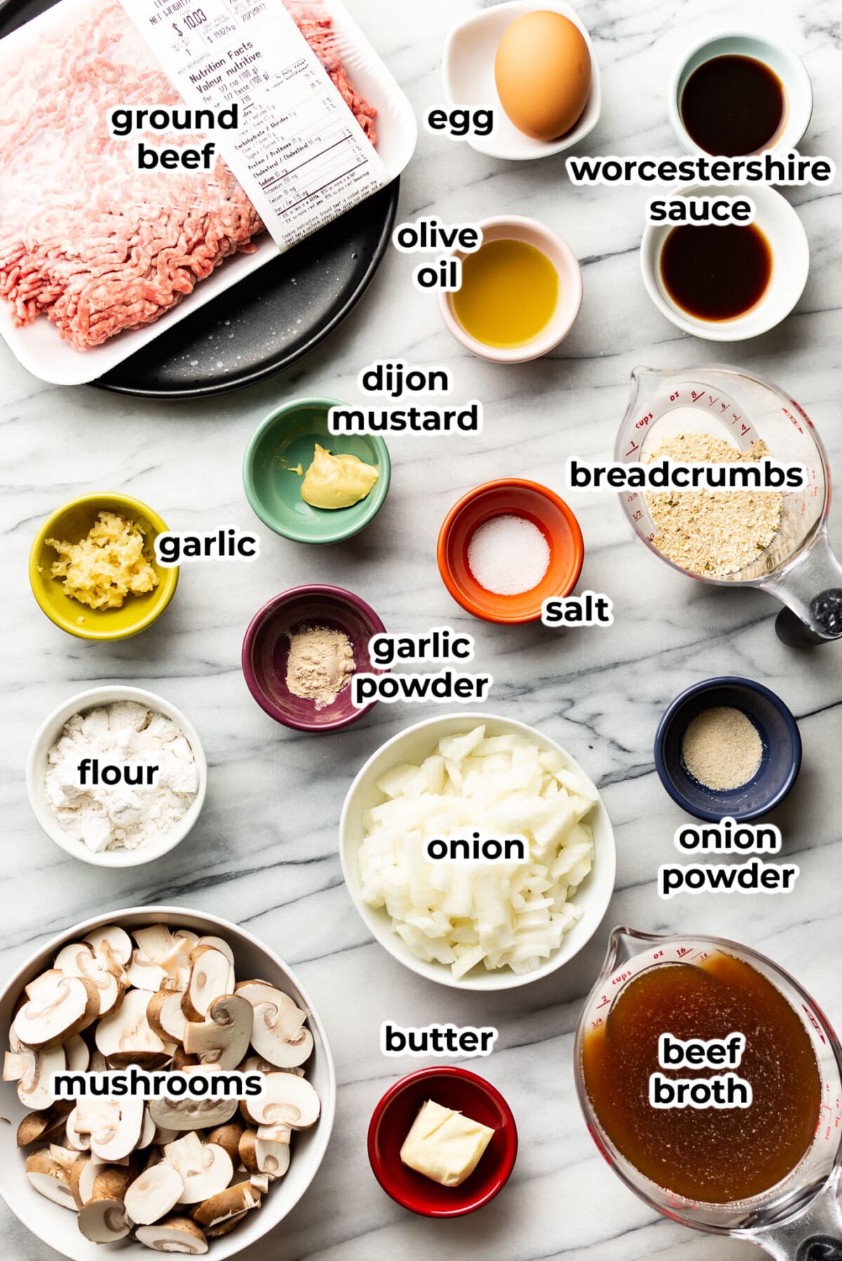 ingredients for salisbury steak in prep bowls