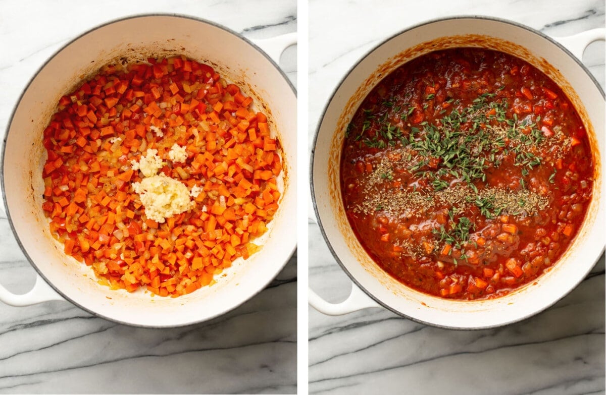 adding carrots and garlic to a dutch oven and making tomato sauce for chicken cacciatore