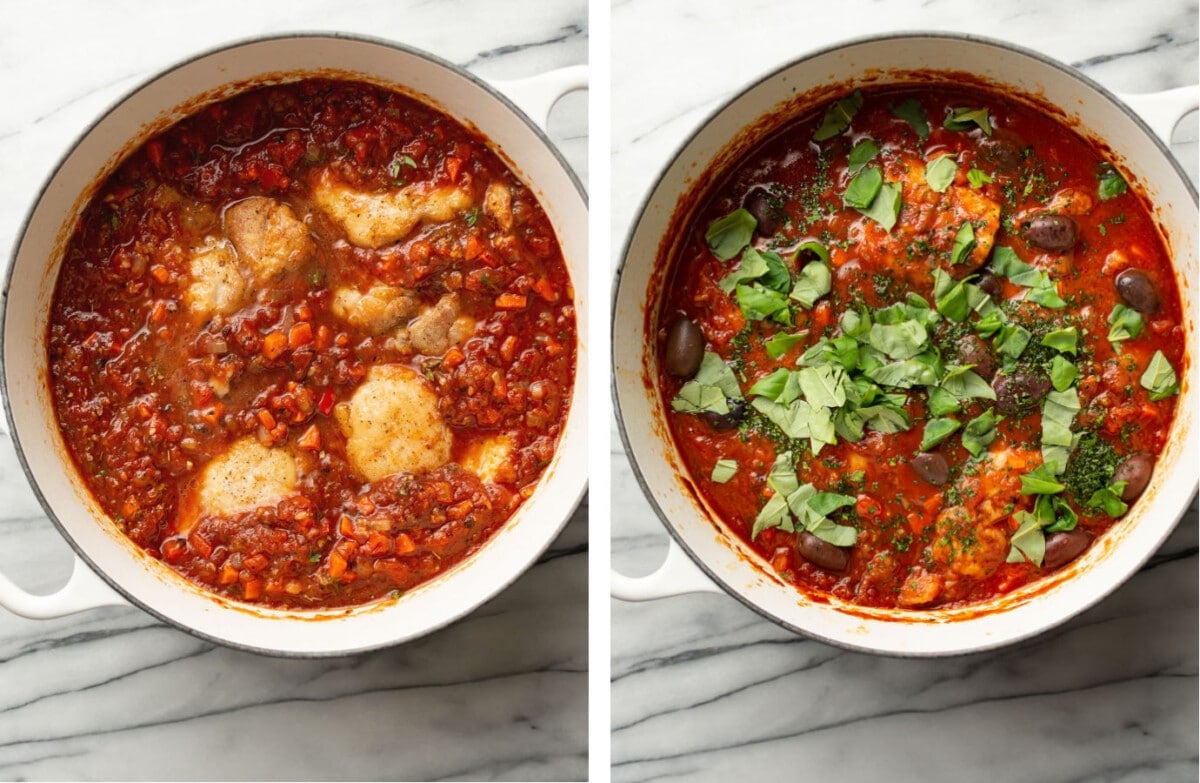 returning chicken to a pot and adding fresh herbs to chicken cacciatore