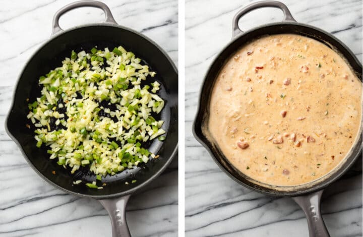 sauteing onions and bell pepper and making creamy sauce in a skillet for chicken spaghetti
