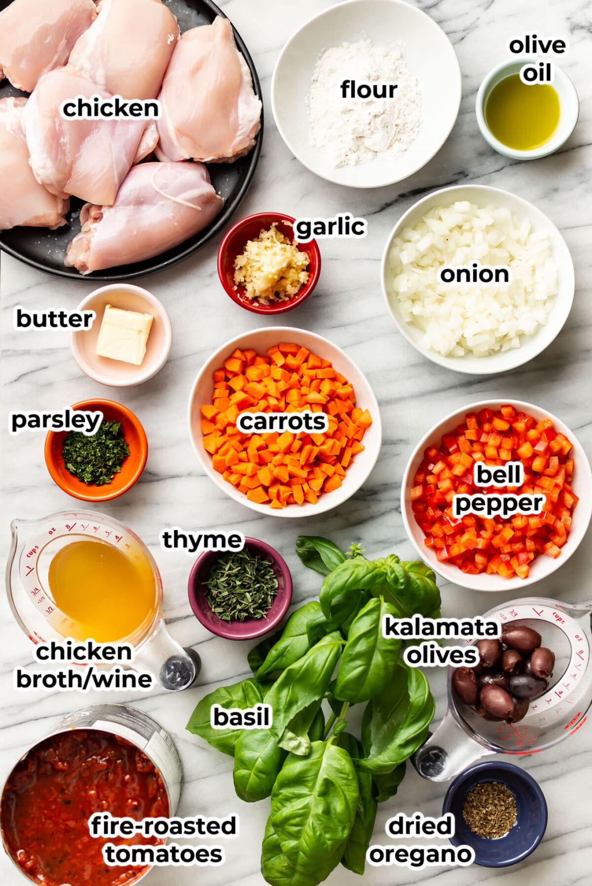 ingredients for chicken cacciatore in prep bowls