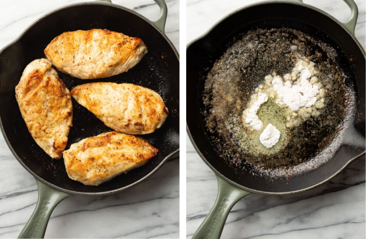 pan searing chicken in a skillet and making a roux