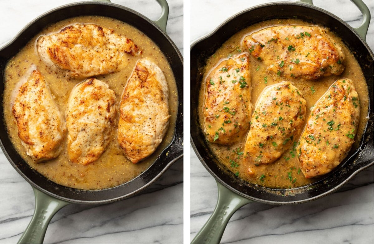honey mustard chicken in a skillet before and after cooking