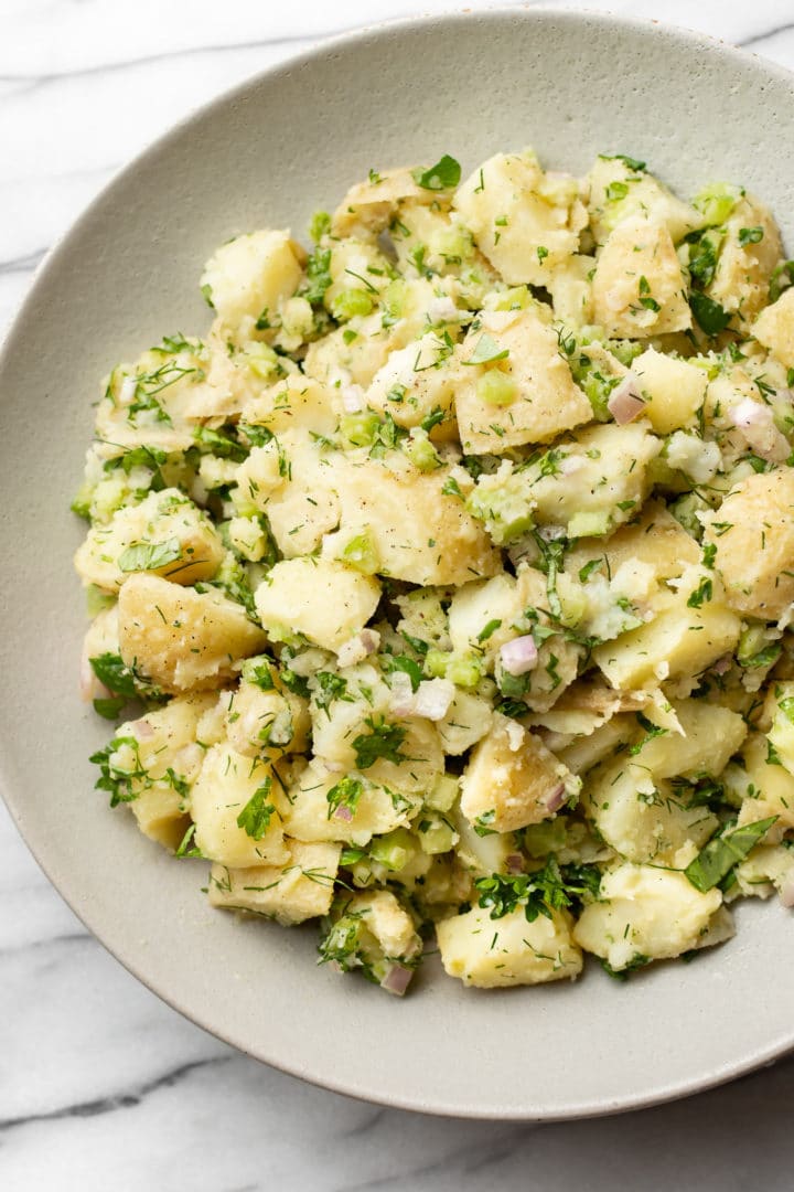 no mayo potato salad close-up in a serving bowl