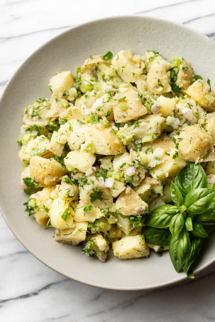 mayo-free potato salad in a serving bowl