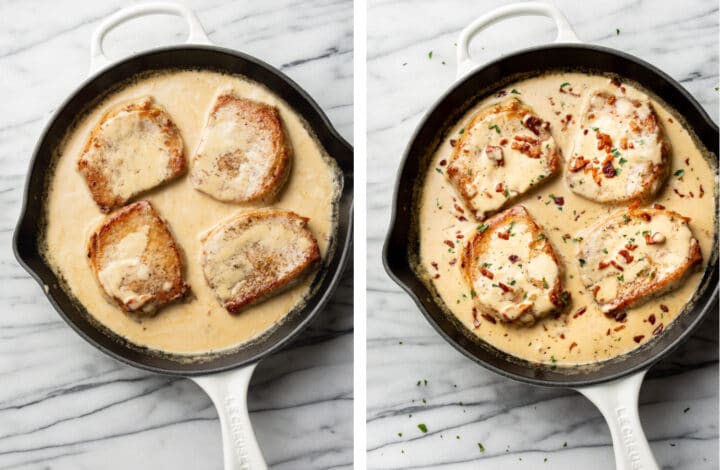 making cream sauce for creamy bacon pork chops in a skillet and adding bacon