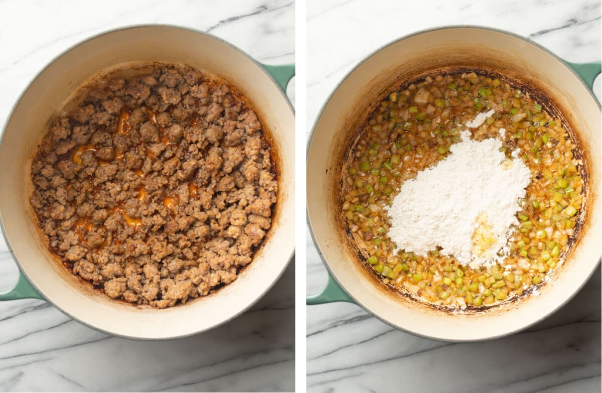 sauteing italian sausage in a dutch oven and adding in aromatics and flour