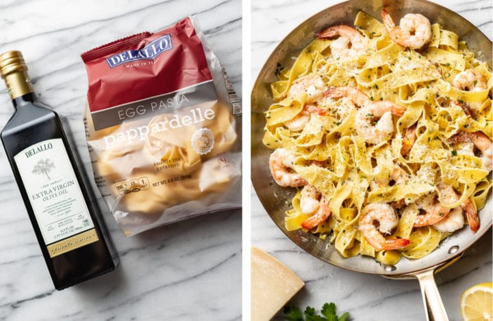 collage of DeLallo's Egg Pappardelle and olive oil and the finished recipe in a copper skillet