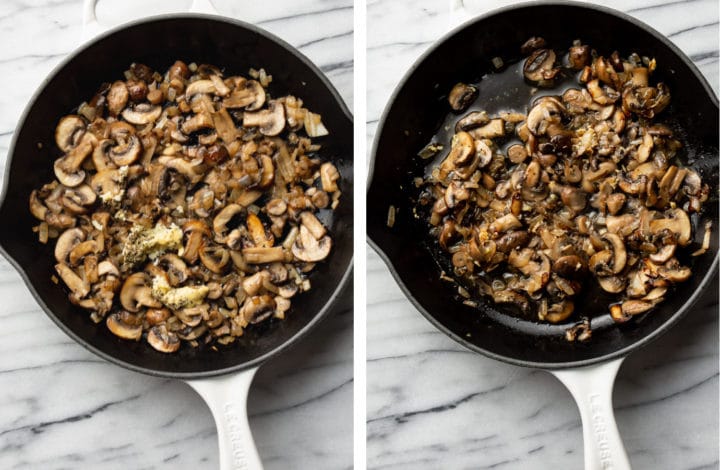process shots of frying mushrooms and adding garlic and other seasonings to the skillet