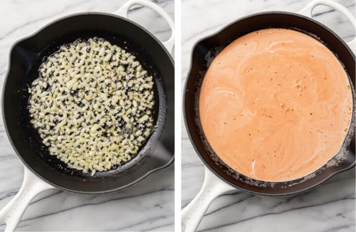 sauteing onions in a skillet and making pink sauce for pasta