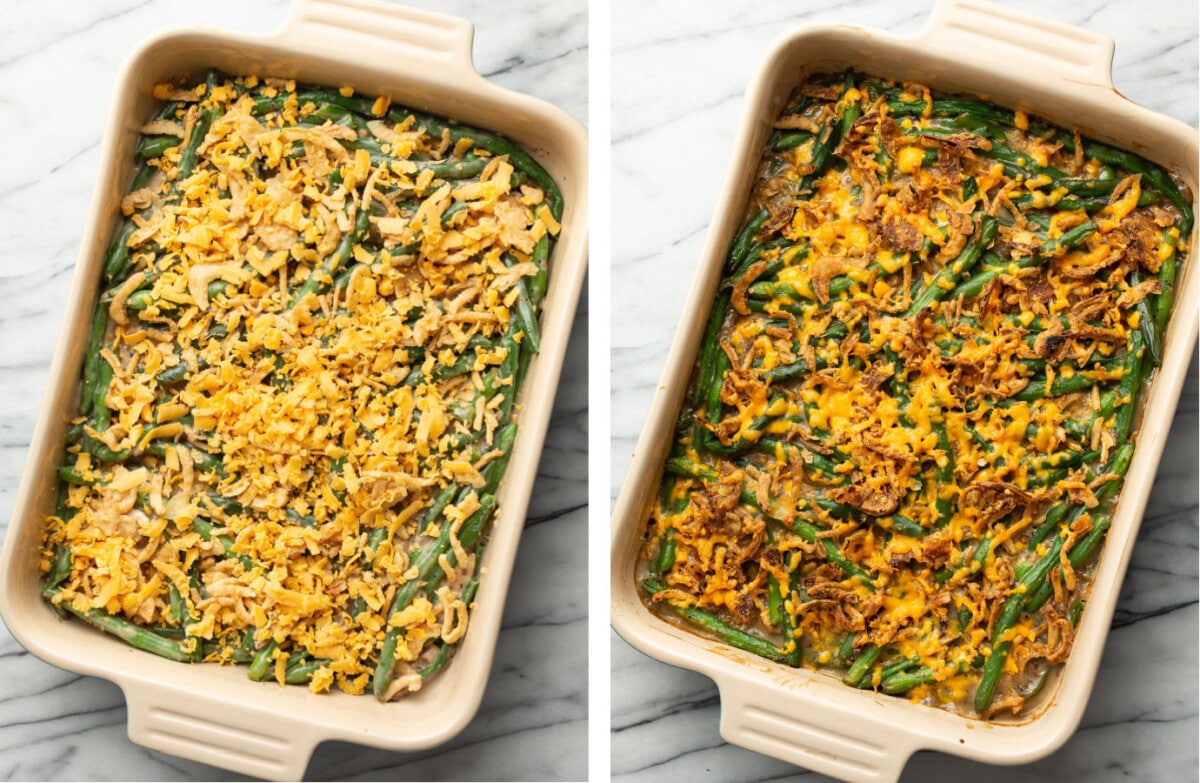 fresh green bean casserole before and after baking