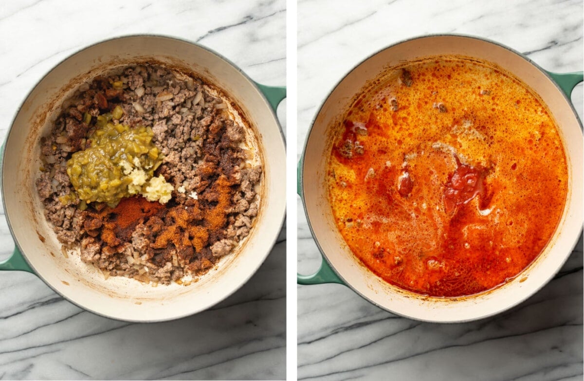 cooking ground beef and onions and making sauce for chili mac in a soup pot