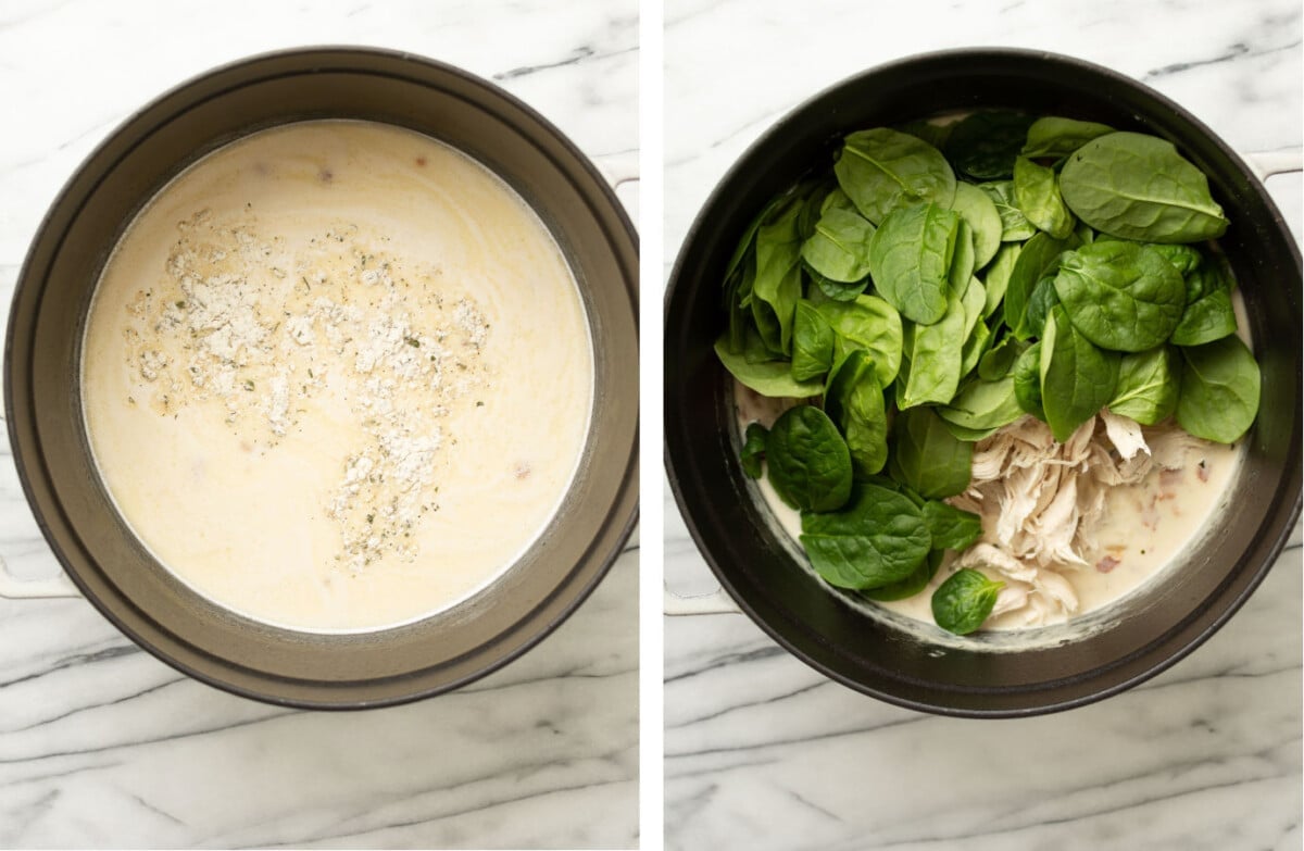 adding in broth and cream to a pot of chicken bacon ranch orzo, then adding fresh spinach