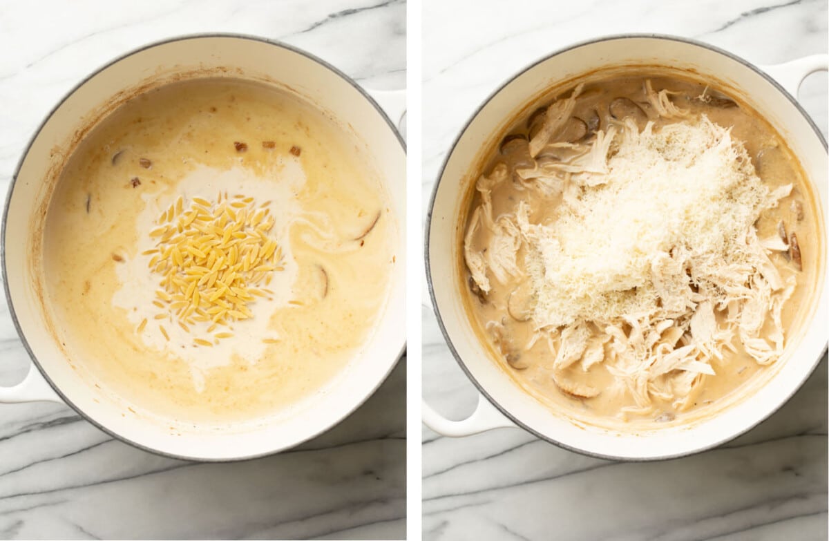 adding cream, chicken, and orzo to a pot and topping with parmesan