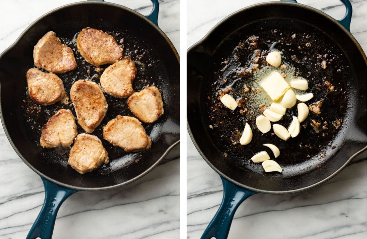 pan frying pork tenderloin in a skillet and then sauteing garlic