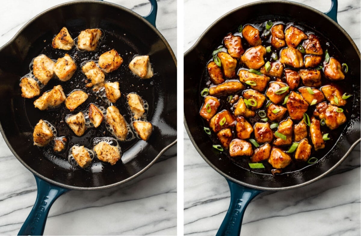 frying chicken in a skillet and adding teriyaki sauce and scallions