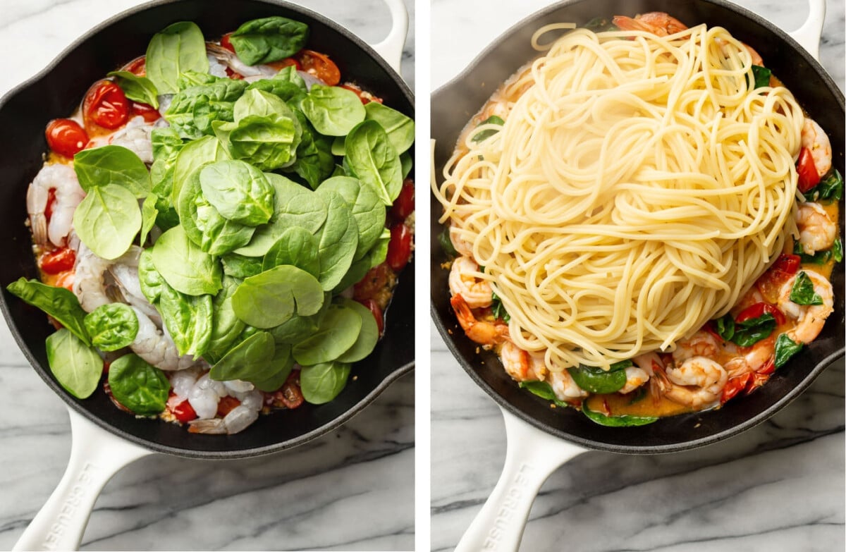 adding shrimp and spinach to a skillet and tossing with spaghetti