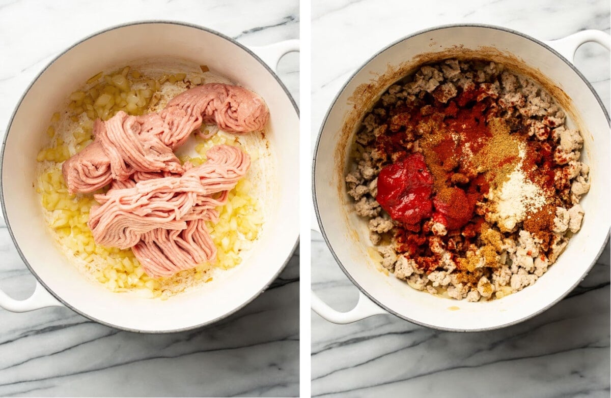 sauteing onions and ground turkey in a soup pot and adding chili seasonings