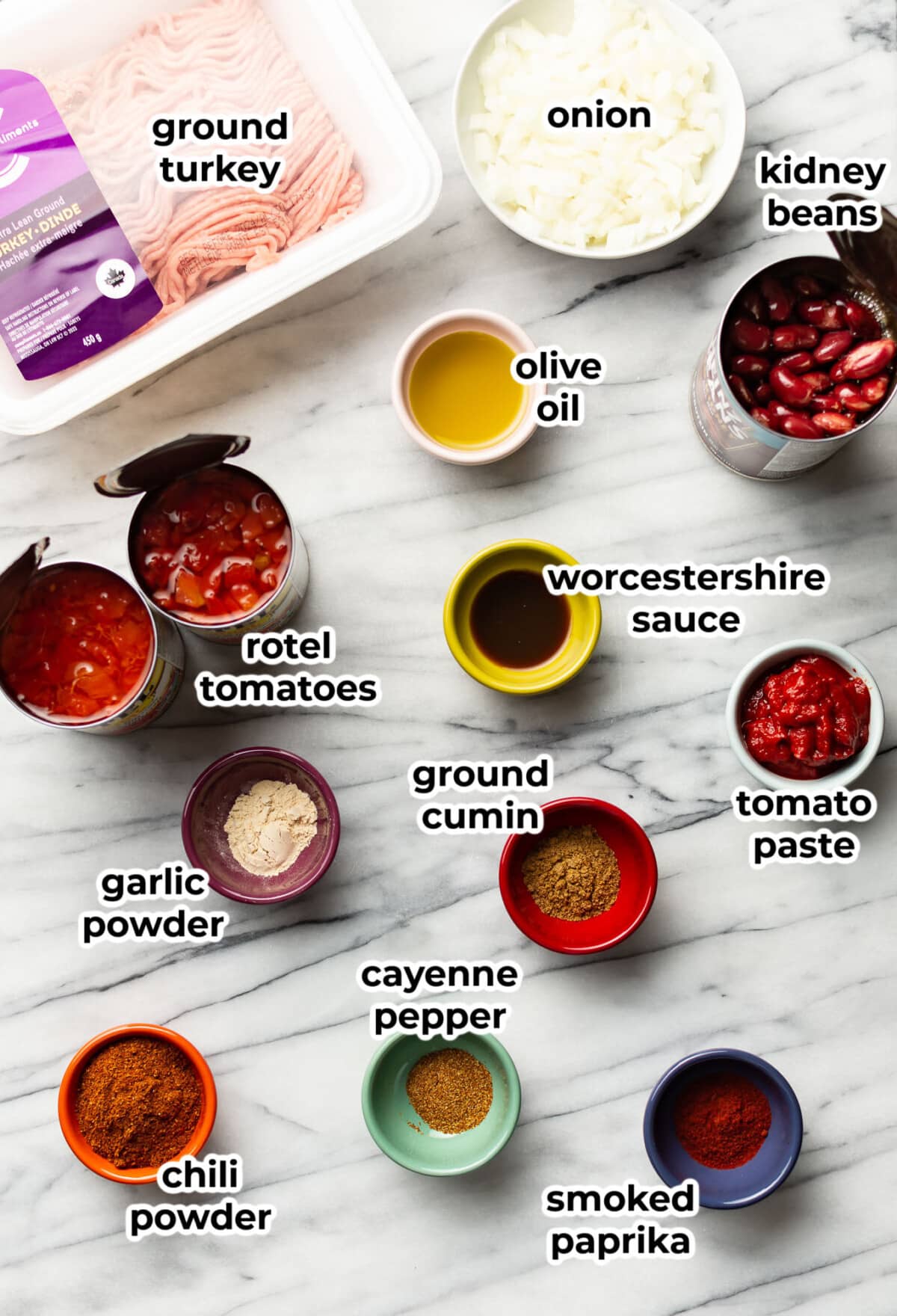 ingredients for turkey chili in prep bowls