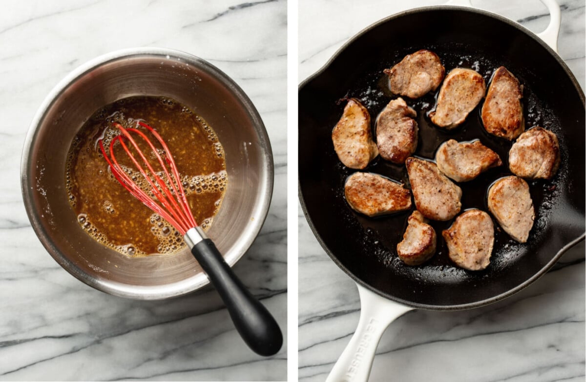whisking honey garlic sauce and pan searing pork tenderloin in a skillet
