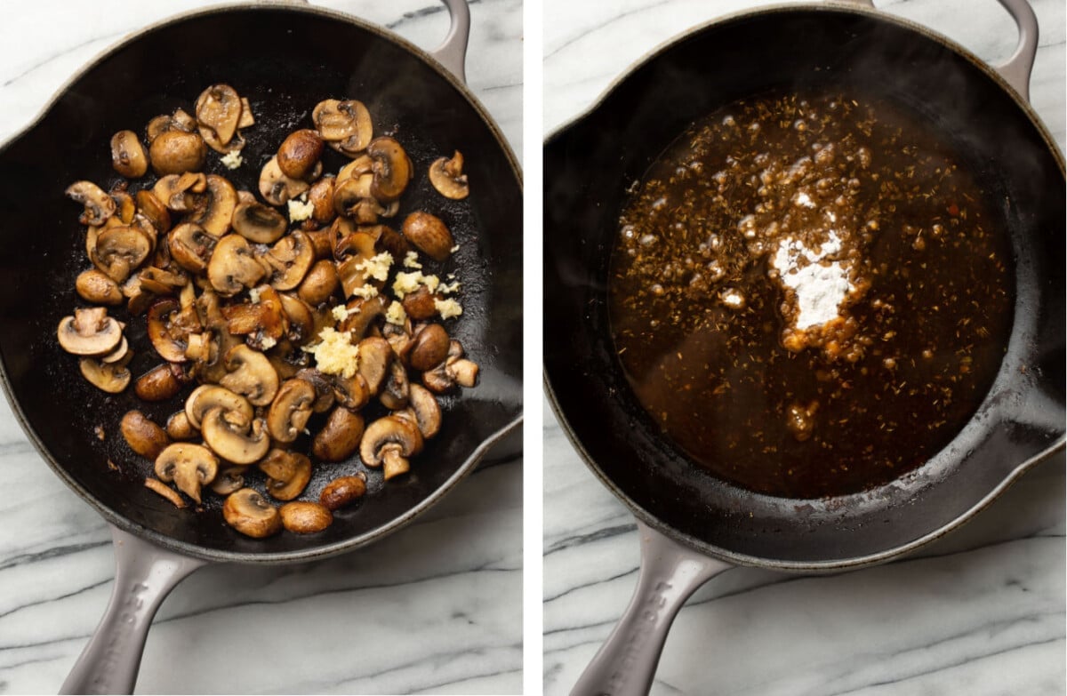 adding garlic, wine, and flour to make a pasta sauce in a skillet