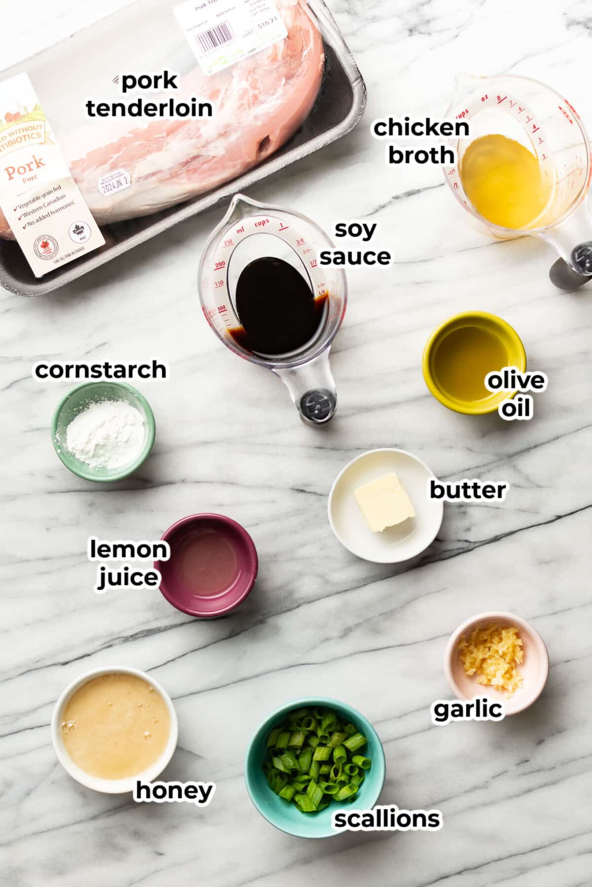 ingredients for honey garlic pork tenderloin in prep bowls