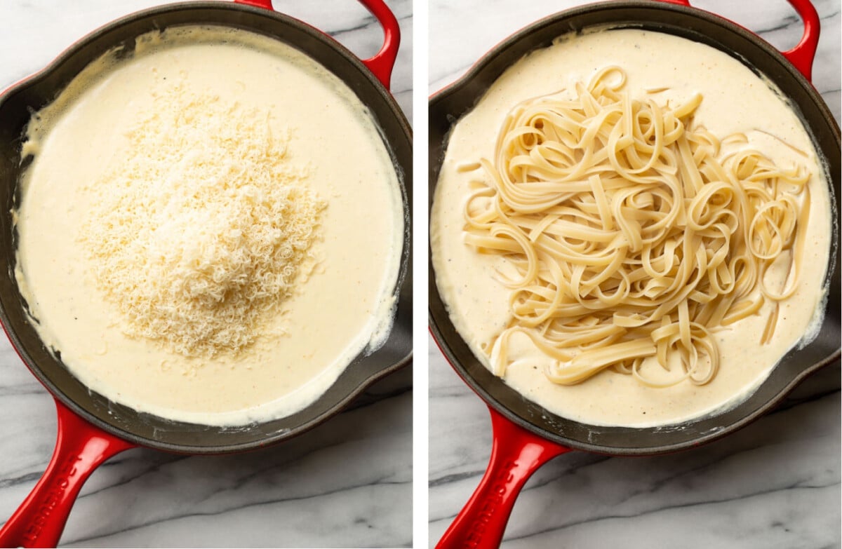 adding parmesan to a skillet with cajun alfredo sauce and tossing with fettuccine