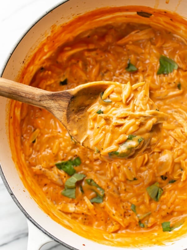 a dutch oven with creamy tomato orzo with chicken and a wooden spoon