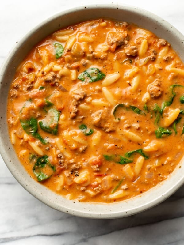 a bowl of hamburger orzo soup