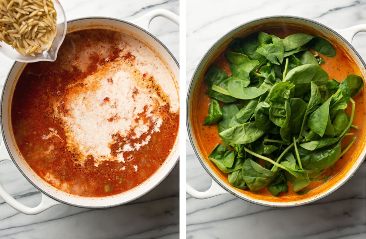 adding orzo, cream, and spinach to a pot of hamburger soup
