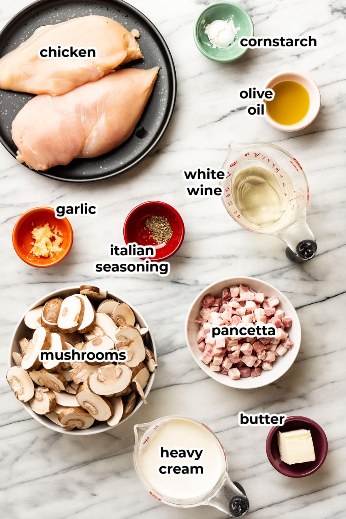 ingredients for pancetta mushroom chicken in prep bowls