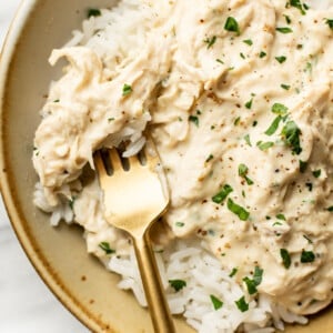 a bowl of crockpot ranch chicken with rice and a fork