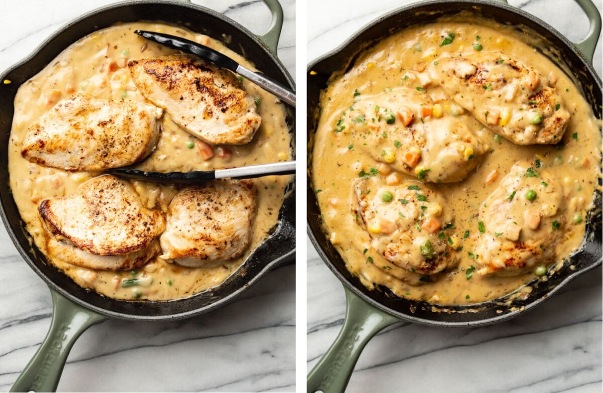 cream of chicken soup chicken breasts in a skillet before and after cooking