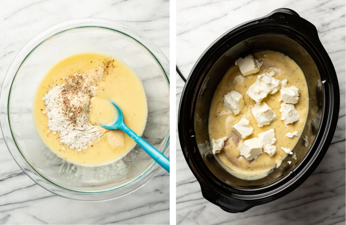mixing ranch sauce in a prep bowl and adding it to a crockpot with chicken