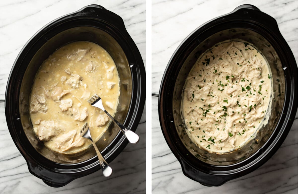 shredding ranch chicken with two forks in a crockpot and topping with parsley