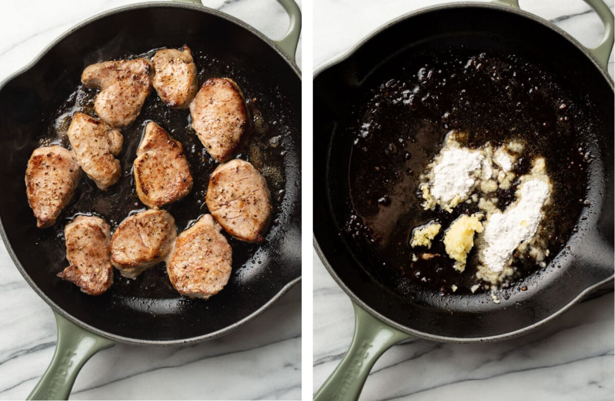 pan frying pork tenderloin and making a roux in a skillet