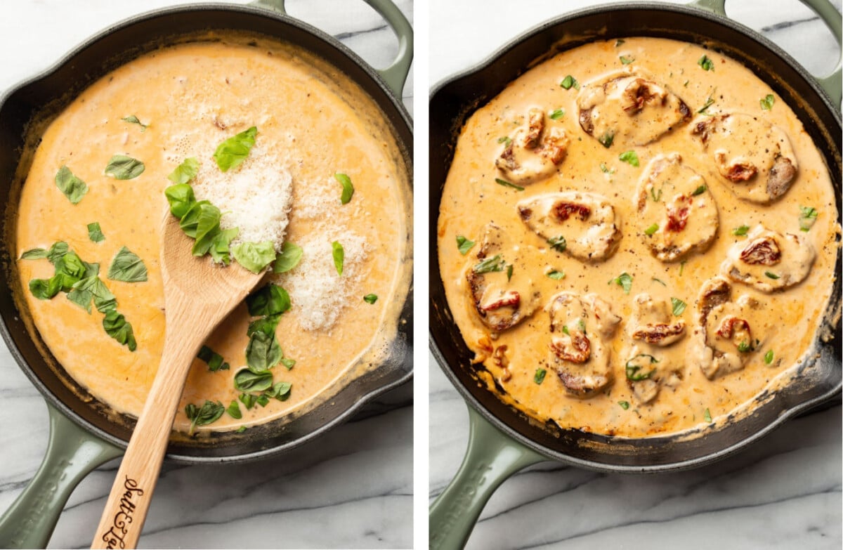 stirring in parmesan and basil to a skillet with marry me pork tenderloin