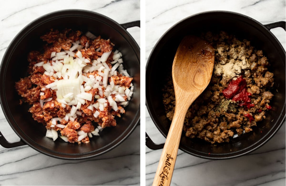 cooking onions and meat in a soup pot and stirring in seasonings with a wooden spoon