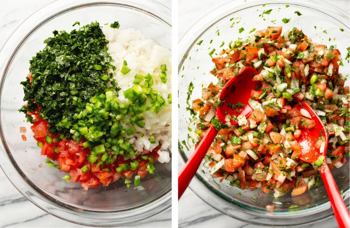 making pico de gallo in a glass prep bowl