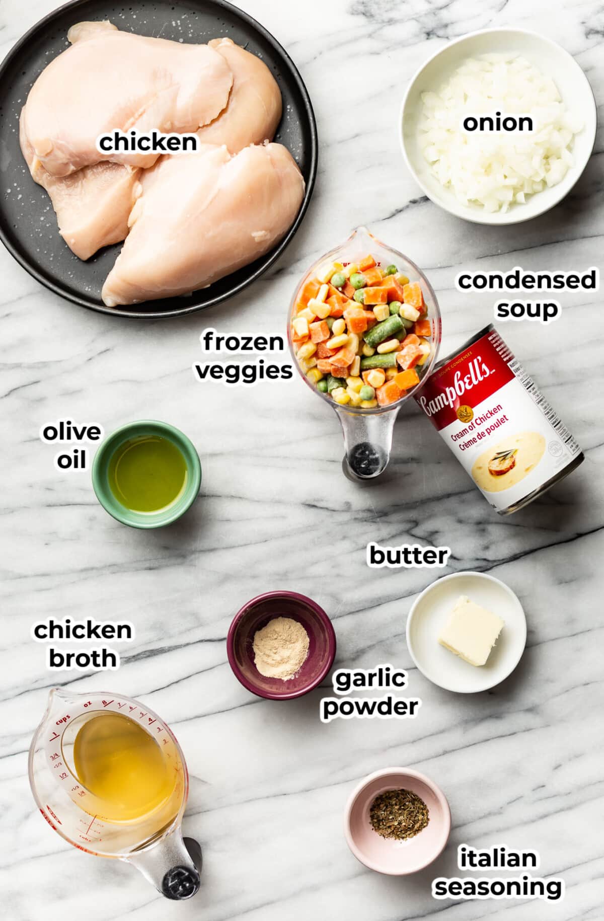 ingredients for cream of chicken soup chicken breasts in prep bowls