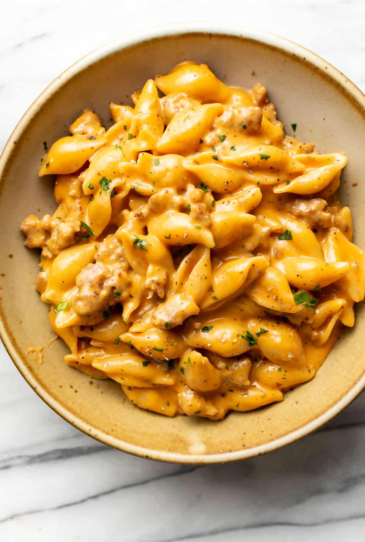 a bowl of one pot cheesy sausage and shells pasta