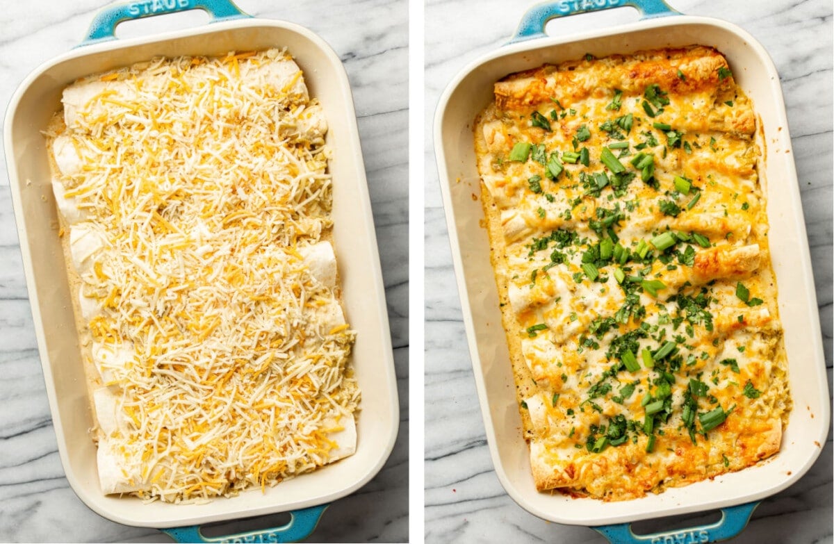a baking dish with creamy chicken enchiladas before and after baking