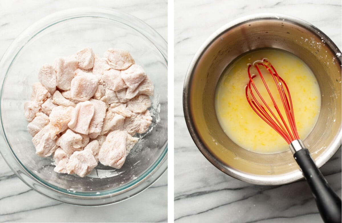 tossing chicken in a prep bowl with cornstarch and whisking together lemon sauce